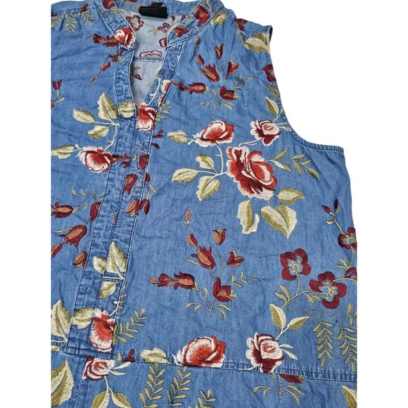 Beige By Eci Blue Denim Dress 14 Chambray Floral Embroidered V-neck Sleeveless - Picture 8 of 11